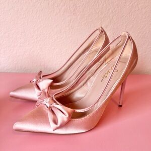 Lulus Kampbell Blush Satin Pointed-Toe Bow Pumps